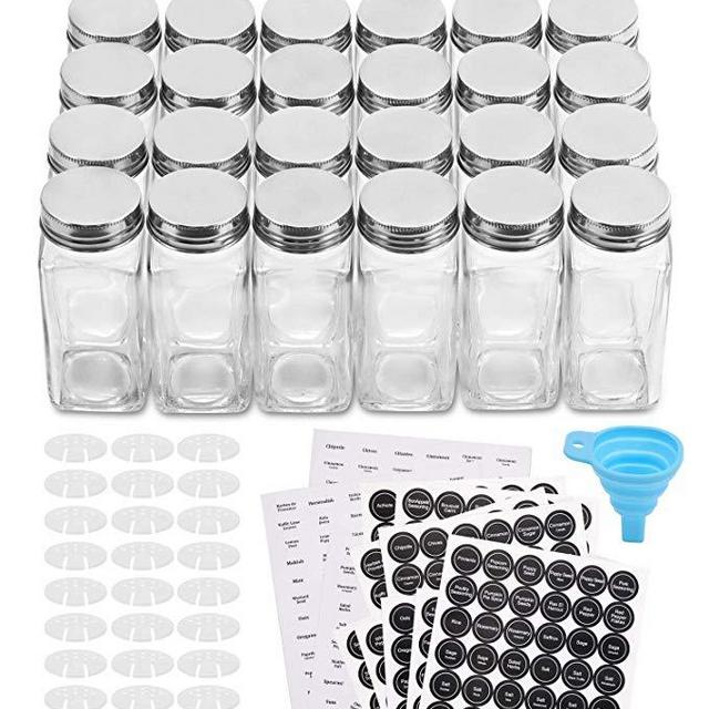Aozita 24 Pcs Glass Spice Jars/Bottles - 4oz Empty Square Spice Containers with 612 Spice Labels - Shaker Lids and Airtight Metal Caps - Silicone Collapsible Funnel Included