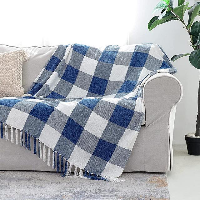 Blue White Buffalo Plaid Decor Blanket, Lightweight Soft Chenille Check Knitted Rustic Farmhouse Throw with Tassels for Couch Sofa Chair Bed Office Home, Blue and Ivory, 50" x 60"