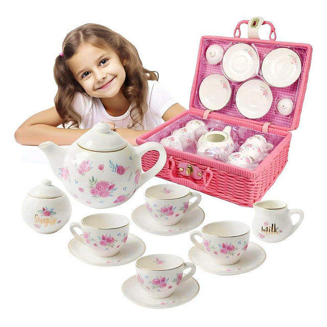Porcelain Tea Set for Girls - Pink Ceramic Tea Cups with Pink Box - Glass Toy for Kids Party - Ideal Gift for Toddlers and Children's Ages 3 Years Old - Floral Design, 13 Pieces