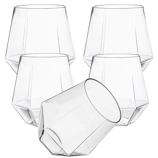 40 count Diamond Unbreakable Stemless Plastic Wine Champagne Whiskey Glasses Elegant Durable Disposable Indoor Outdoor Ideal for Home, Office, Bars, Wedding, 12 Ounce Cups Gold Rim (Clear)