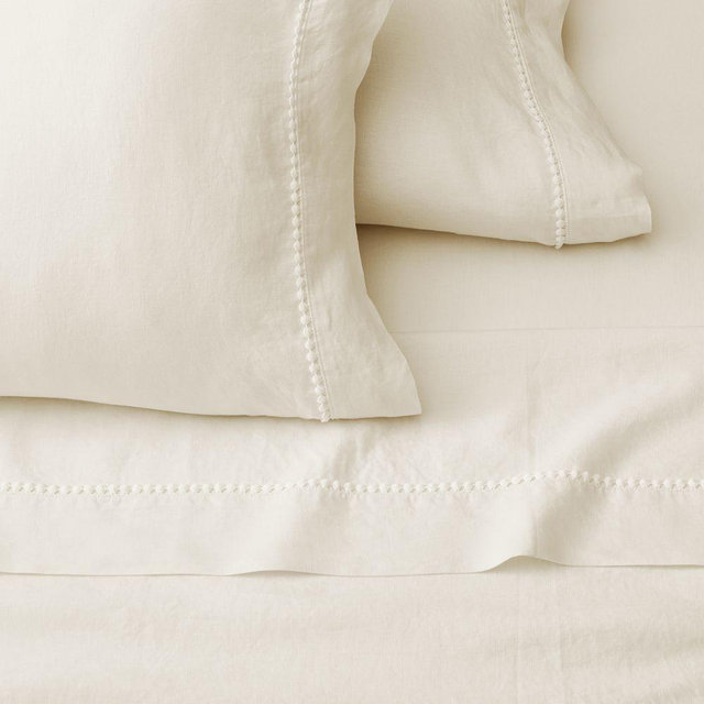 European Flax Linen Pom Pom Sheet Set, Queen, Alabaster