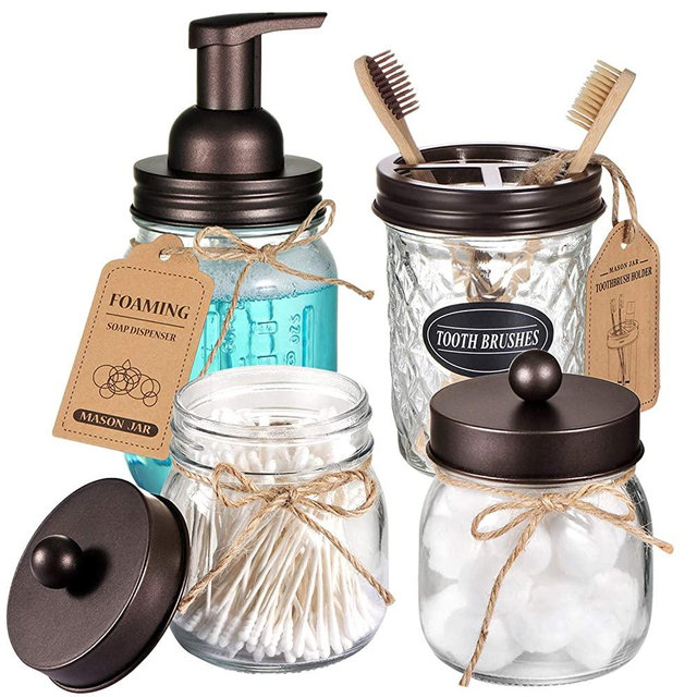 Mason Jar Bathroom Accessories Set 4 Pack - Foaming Soap Dispenser&2 Qtip Holders&Toothbrush Holder-Rustic Farmhouse Decor Bathroom Organizer Apothecary Jar Country Countertop (Bronze)