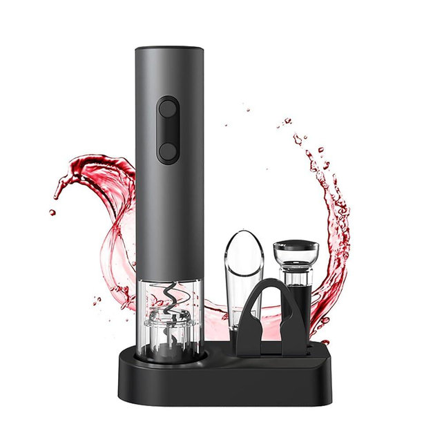 5-in-1 Automatic Electric Wine bottle Opener gift set, battery-powered opener with tin foil cutter, wine pot, cork and storage base,gift for wine lovers in aluminum alloy