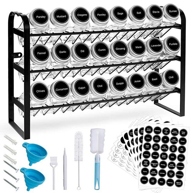 Spice Rack Organizer for Cabinet, Seasoning Organizer Rack with 24 Empty Spice Jars, Spice Rack Wall Mount for Kitchen Pantry, Seasoning Rack for Counter with Funnel, Chalk Marker, 420 Spice Labels