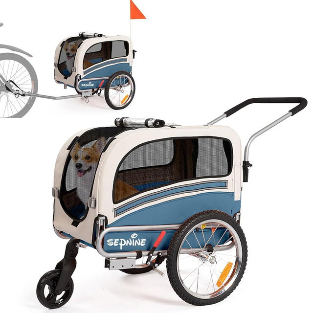 Sepnine 2 in 1 Pet Bicycle Trailer with a 6" Stroller Wheel Suitable for Small and Medium Dogs, Carrier Up to 66/88 LBS, Easy Folding Cart Frame, Quick Release Wheel, Universal Bicycle Coupler