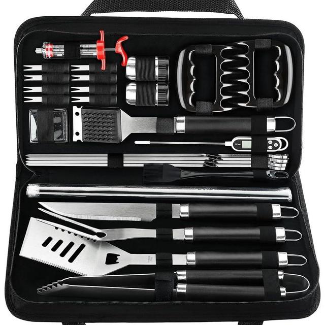 POLIGO 28PC Exclusive BBQ Grill Accessories in Carrying Bag for Birthday Father's Day Grilling Gifts - Premium Grill Utensils Set with Barbecue Claws, Meat Injector, Thermometer for Smoker, Camping