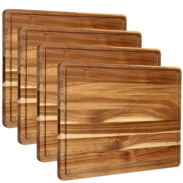 4 Piece Large Acacia Wood Cutting Board, 20x15x1.5 Inch, Knives Friendly Chopping Board with Deep Juice Grooves & Built In Handle for Kitchen