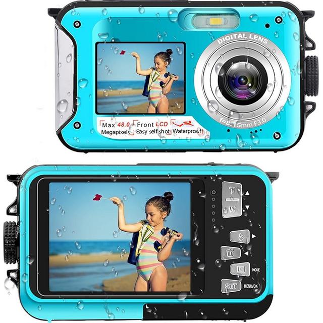 Waterproof Digital Camera 48MP Underwater Camera FHD 2.7K Video Recorder Dual-Screen Selfie Underwater Camera for Snorkeling, Waterproof (Blue)