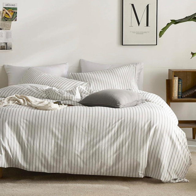 JELLYMONI Striped Duvet Cover Set - Full Size 100% Cotton - 3PCS White & Grey Vertical Stripes Bedding - Hidden Zipper Closure & 8 Corner Ties - Breathable Comforter Cover for Bedroom