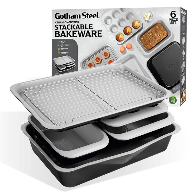 Gotham Steel Stackable Ceramic Nonstick Black/Grey Bakeware Set 6 Piece Easy Clean Oven Dishwasher Safe