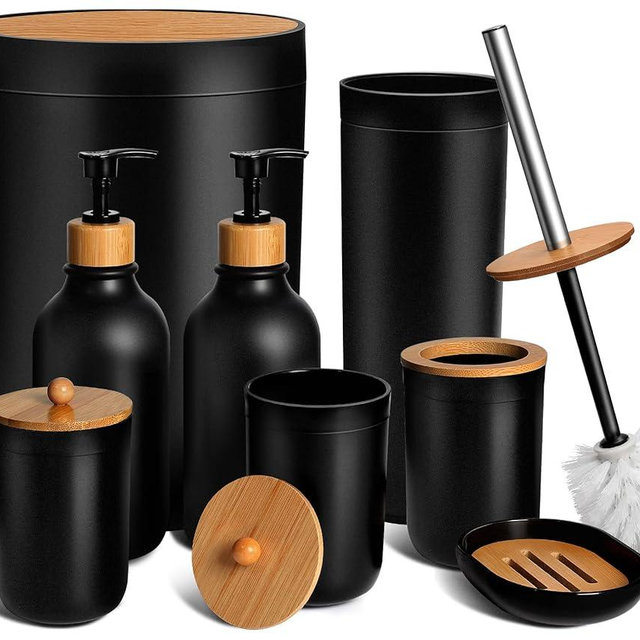 KASUNTING Black Bathroom Accessories Set 8 PCS, Matte Black Bathroom Accessory Sets Complete with Trash Can, Soap Dispenser and Toothbrush Holder Set, Soap Dish, Qtip Holders, Toilet Brush Holder
