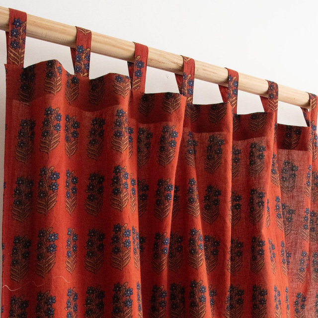Rust Red Floral Block Print Curtains, Terracotta Cotton Drapes with Blue Flower Motif, Bohemian Tab Top Window Panels, Home Decor Curtains
