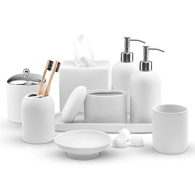 Real Simple- Matching Bathroom Accessories Sets | Soap Dispenser, Lotion Dispenser, Soap Dish, Toothbrush Holder, Tissue Box & More | Complete Modern Bath Decor Set (White Rubber)