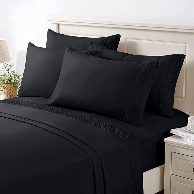BYSURE Hotel Embossed Sheets (Black, Queen), 6 Pieces Microfiber 1800 Thread Count Sheet Sets, Deep Pocket Soft Sheets & Pillowcases Sets