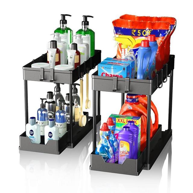 mosala 2 Pack Under Sink Organizers and Storage - 2 Tier Sliding Bathroom Cabinet Organizer with Hooks - Multi-Purpose Under The Sink Organizer Kitchen - Black