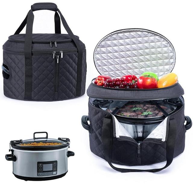 BAGSPRITE Double-layer Slow Cooker Carrying Case Compatible with 6-8 Quart Crockpot Carrier for Hot Food and Hamlton Beach Slow Cooker Tote with Lid Fastener for Crock-pot Dust Cover Applicances
