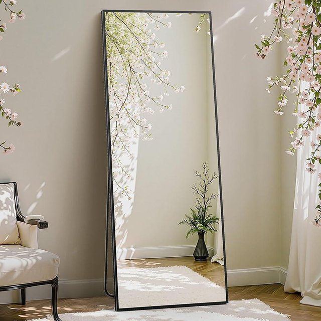 DUMOS Full Length Mirror with Stand 64"x21" Floor Standing Aluminum Frame for Bedroom Body Hanging Leaning Modern Simple Home Decor Shatter-proorf Nano Glass for Wall Living Room Cloakroom Black