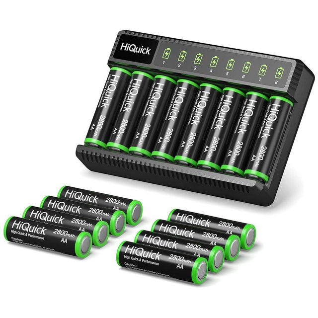 HiQuick Rechargeable AA Batteries with Charger, 8 Bay Smart Battery Charger for AA/AAA Ni-MH/NiCD with 1.2V 2800Mah Batteries (16 Packs)