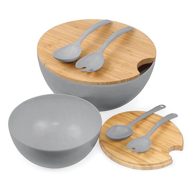 Clean Dezign Large Salad and Serving Bowl with Bamboo Wood Lid and Servers 8pc Set - 11.5" and 8" Bamboo Fiber Bowls and Utensils with Wooden Cutting Board Tops (Grey)