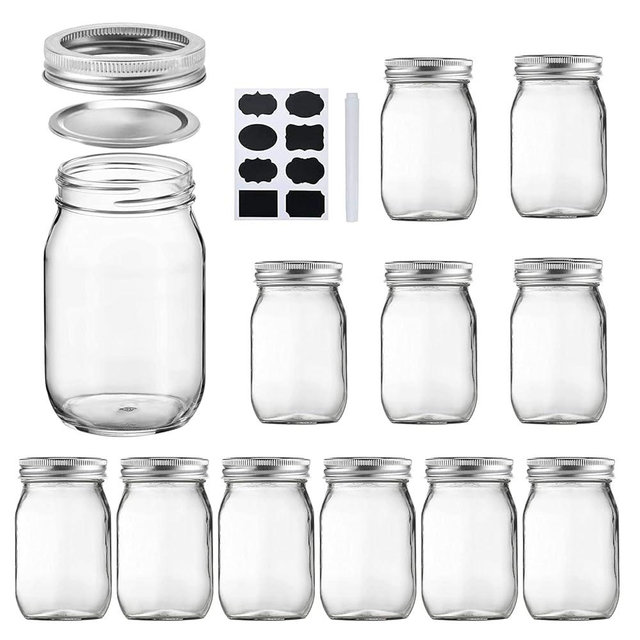 Accguan Mason Jars 16 oz With Regular Lids and Bands, Ideal for Jam, Honey, Wedding Favors, Shower Favors, DIY Magnetic Spice Jars, 12 PACK, 16 Labels Included