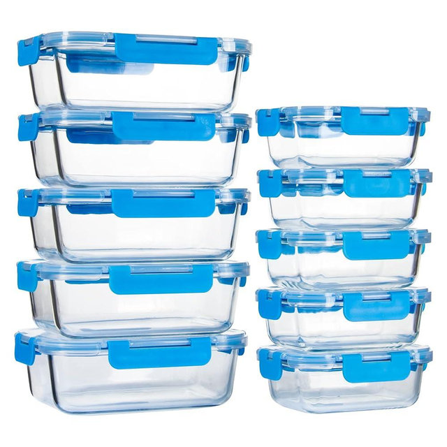 UMEIED 10 PACK Glass Food Storage Containers with Leak Proof Lids, Glass Airtight Meal Prep Containers Set for Lunch, On the Go, Leftover, Kitchen Pantry Organizers and Storage (Blue)