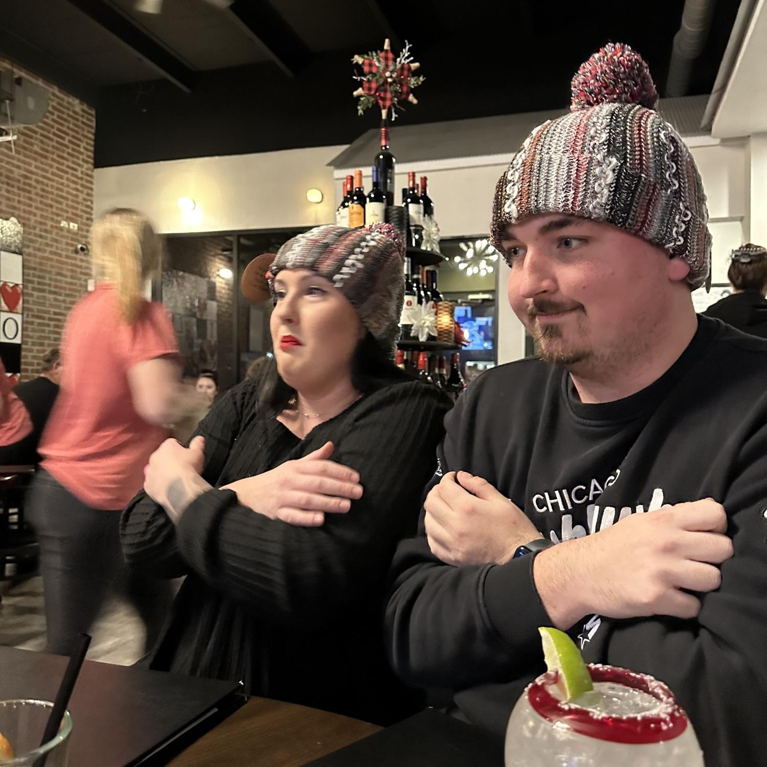 Kyle's birthday dinner at our favorite restaurant, Piccolo in Nixa, MO. Stacy bought us matching beanies and we were pretending to be cold, but the cocktails definitely kept us warm!