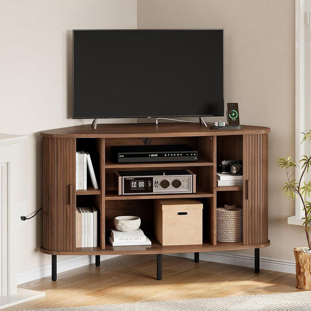 ONBRILL 47" Corner TV Stand, Fluted TV Cabinet with Sliding Doors Fits up to 55 Inch TVs, Modern Corner Entertainment Center with Power Outlet, Wood Media Console Table with Storage,Walnut