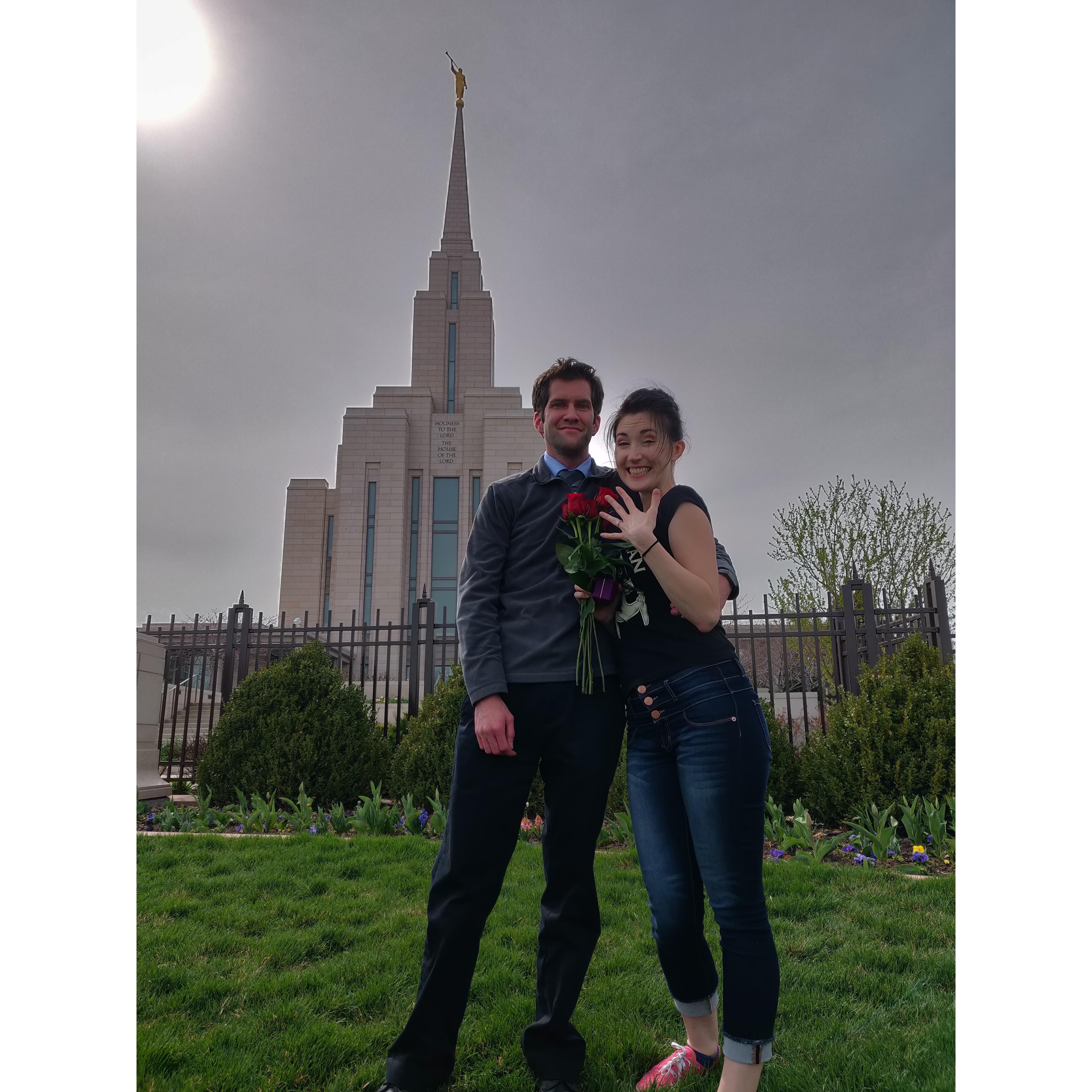 Jaron sent Melissa on a scavenger hunt, which ended here, with a ring and a bouquet of roses.