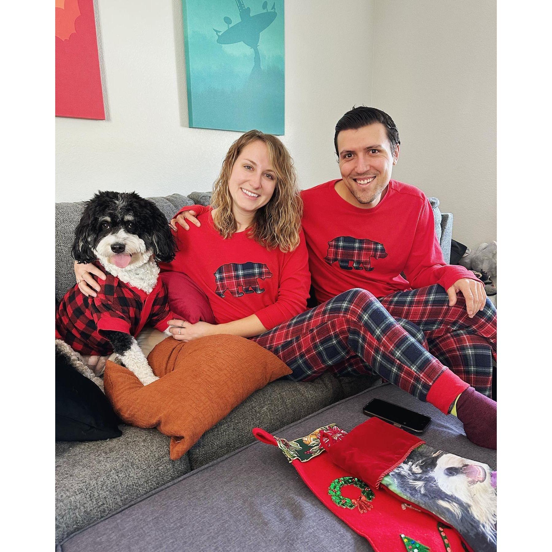 Christmas 2022 - despite how pleased we all look here, Moose does not care for her Christmas jammies (or clothing in general; it's not just Christmas jammies).