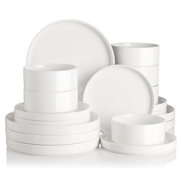 Sweejar Porcelain Dinnerware Sets for 6, 18 Pieces Ceramic Plates and Bowls Set, Classic Modern Simple Kitchen Dinner Dining Ware Set, Dishwasher and Microwave Safe Dishes Sets(Pure White)