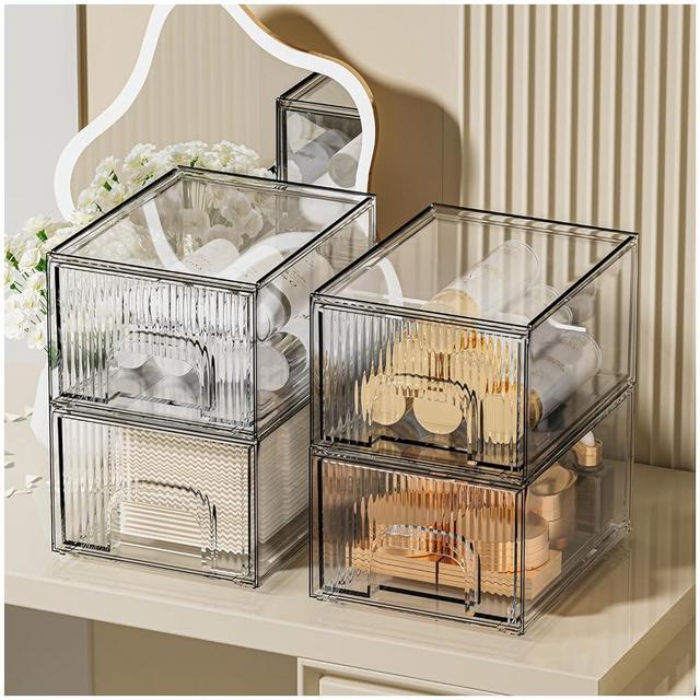 ZHIAI 4 Piece Set Stackable Makeup Organizer Drawers, Plastic Bathroom Organizer, Cosmetic Storage Box for Vanity, Undersink, Skincare, Kitchen Cabinets, Pantry Organization