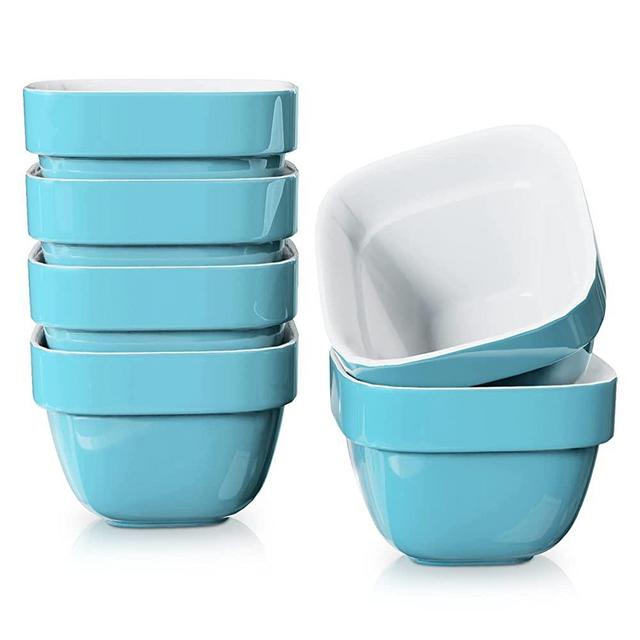 Uten Ramekins Bowls, 4 oz Square Ramekins for Creme Brulee Baking Souffle, Small Porcelain Serving Bowls Oven Safe, Ceramic Bowls for Salad, Dipping, Dessert Dishes, Soup, Set of 6, Blue