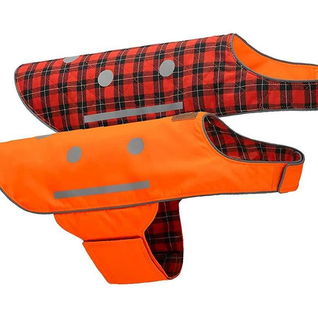 SPOT THE DOG! Reflective Vest Safety Apparel for All Dogs - Easy Fastening Closure, Reversible High Visibility Fluorescent Orange/Red Plaid, Large