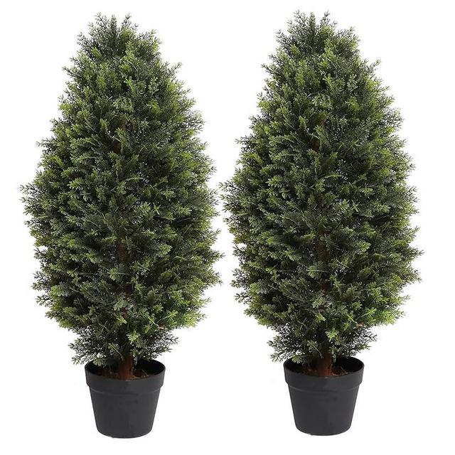 Artificial Ceder Topiary Tree, 2 Pack 35inch Outdoor Topiary, 3ft Faux Cypress Shrub Home Decor Outdoor Pruned Trees Patio Front Door Porch Fake Plant