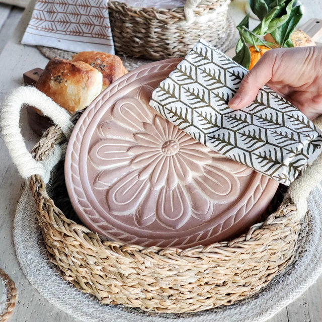 Housewarming Gift Handmade New Home Gift Wedding Gift Newlywed Gift For Her Bread Tortilla Warmer Ceramic Warming Stone Basket [Flower R]