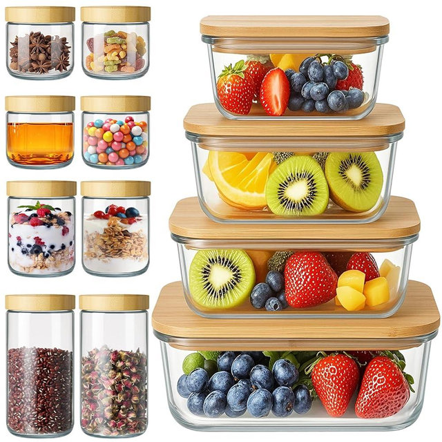 Suclain 12 Pcs Airtight Glass Food Storage Containers with Bamboo Lids Set Including 4 Pieces Meal Prep Glass Containers Lunch Bento Boxes and 8 Pieces Overnight Oats Jars Snack Storage Salad Jars