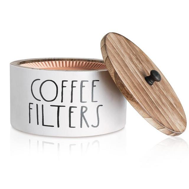 MINCORD Coffee Filter Holder, Wooden Coffee Filter Container Coffee Filter Storage with Lid, Rustic Coffee Filter Dispenser Basket for Coffee Bar Decor, Farmhouse Coffee Bar Accessories - White
