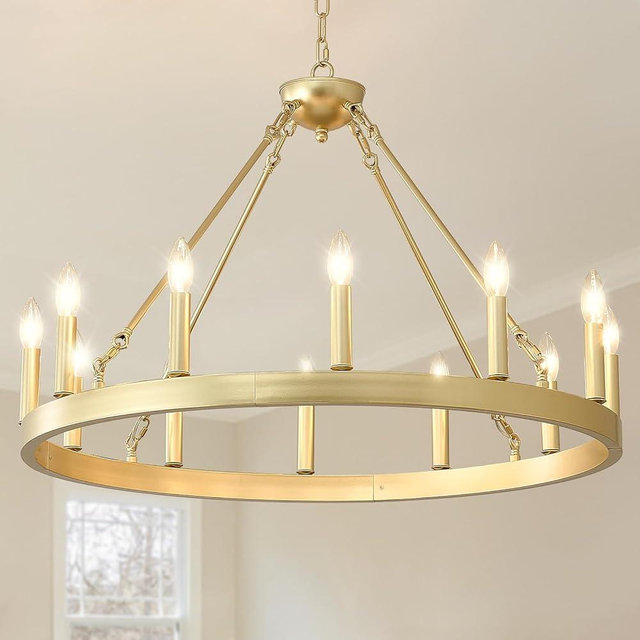 VBKK Gold Wagon Wheel Chandelier Farmhouse 32-Inch, 12-Light Modern Gold Chandelier for Dining Room, Round Iron Industrial Chandeliers Light Fixture for Living Room, Foyer, Entryway, E12