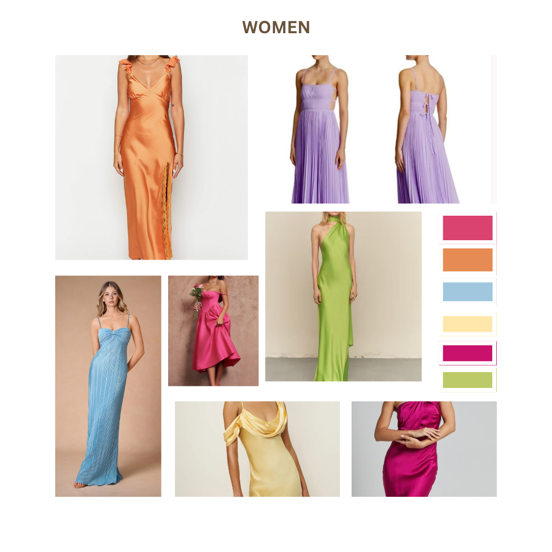 Lean into summery, bold colors and a touch of shine! Please wear dresses that are ankle-length or longer in vibrant hues like citrus, rich pinks, or ocean blue. Elegant but fun.