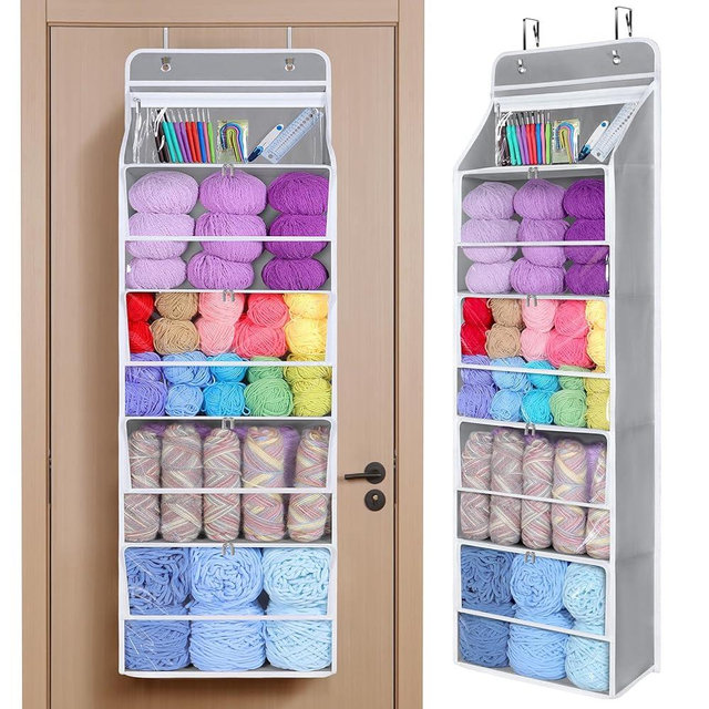 Univivi Hanging Yarn Storage Organizer with 5 Zipper Closure Compartments, Large Capacity Knitting Organizer Storage, Over the Door Hanging Yarn Holder for Knitting Needles, Crochet Hooks (Light Grey)