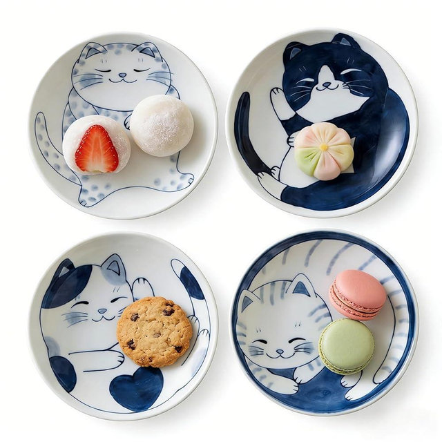 Lupnkl Ceramic Appetizer Plates Set, 3.94x0.8 Inch, Set of 4 Cute Cats Design, small ceramic plates, dessert plates ceramic, appetizer plates, mini plates ideal for sushi, sauce & daily snack serving.