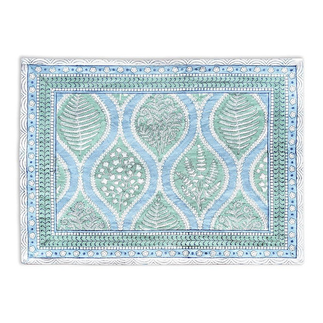 Saffron Marigold Set of 6 Blue Fabric Placemats - 100% Quality Cotton, Non Slip Kitchen Mat for Dining Table, Boho Kitchen Decor, 15" x 20" for Everyday Use or Parties Woodland Ferns
