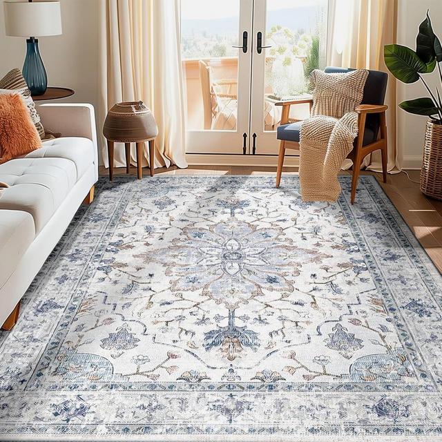 RELEANY Area Rugs 6'x9' Washable Non-Slip, Floral Vintage Distress Print Pattern Medallion Carpet for Living Room Bedroom Dining Room, Blue Navy Beige Gray