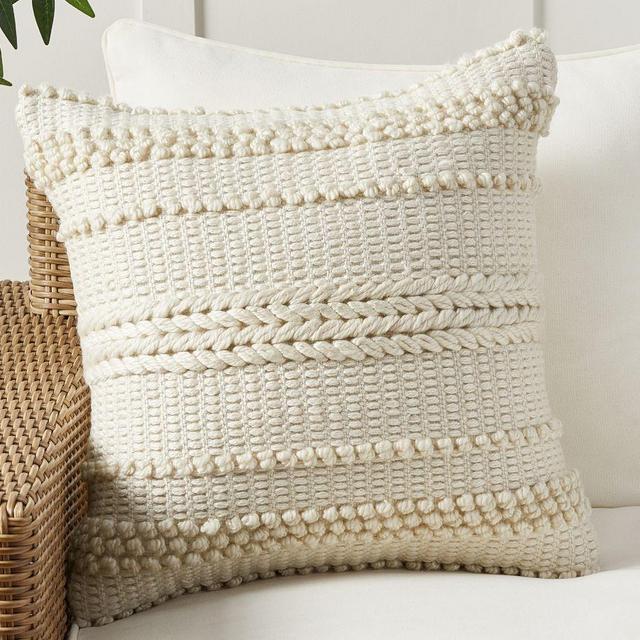 Ponderosa Handknit Outdoor Pillow, 22" x 22", Ivory