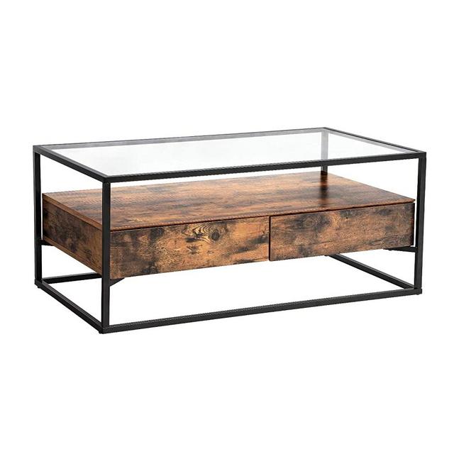 VASAGLE GLATAL Glass Coffee Table with 2 Drawers, Tempered Glass Top with Storage Shelf, Living Room, Lounge, Stable Steel Frame, Industrial, Rustic Brown and Black ULCT31BXV1