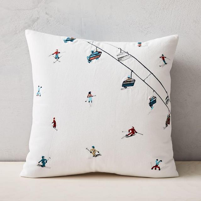Embroidered Ski Slope Pillow Cover, 18"x18", Stone White