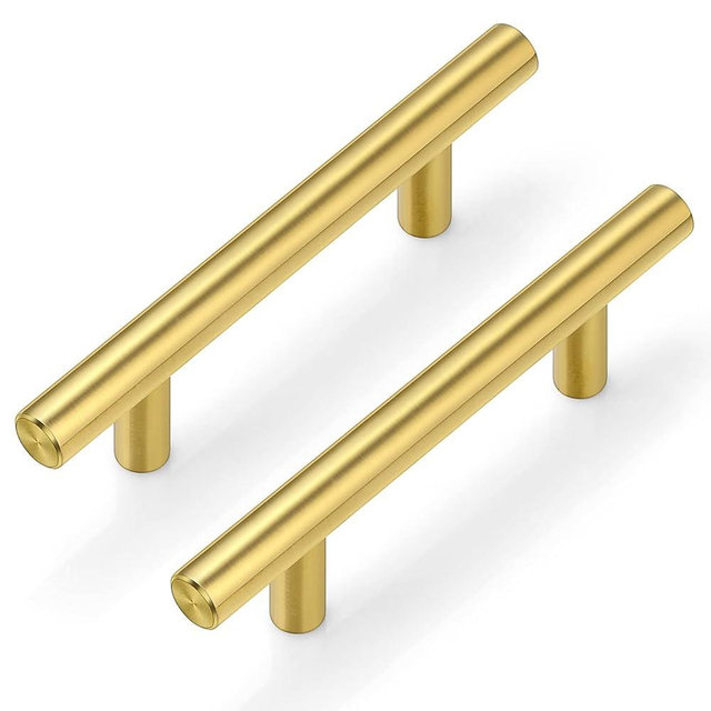 Plustool 30Pack 3''Hole Centers Gold Cabinet Handles-Brushed Brass Cabinet Pulls Gold Dresser Drawer Pulls-Stainless Steel Door Hardware for Kitchen Bathroom Bedroom Furniture-5''Overall Length