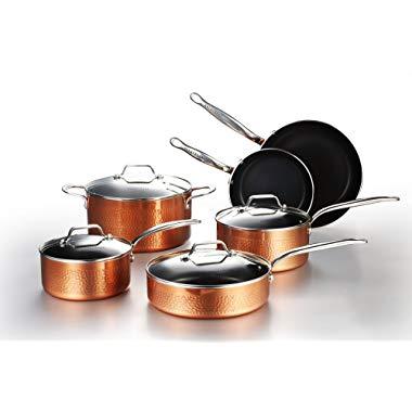 COOKSMARK 10 Piece Cookware Set with Nonstick Coating, Induction Pots and Pans set Dishwasher Safe Aluminum Hammering Copper
