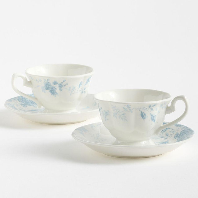 LoveShackFancy Blue Rose Teacup & Saucer, Set of 2 - Blue/White