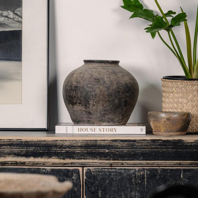 Rustic Vase Vintage Clay Pottery In Black and Grey with No Handles (Free Shipping)